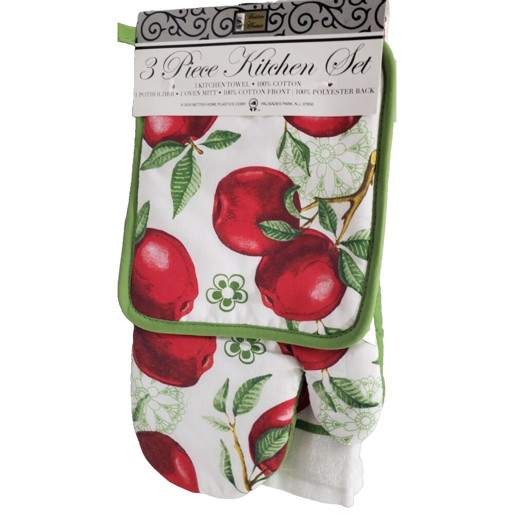 3pc Kitchen Set:1 Pot Holder, 1 Towel, & 1 Oven Mitt, RED APPLES ,green back, BH
